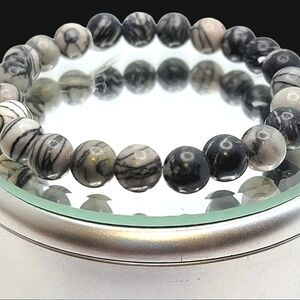 NEW Black Silk Jasper Beaded Crystal Gemstone Boho Black White Bracelet